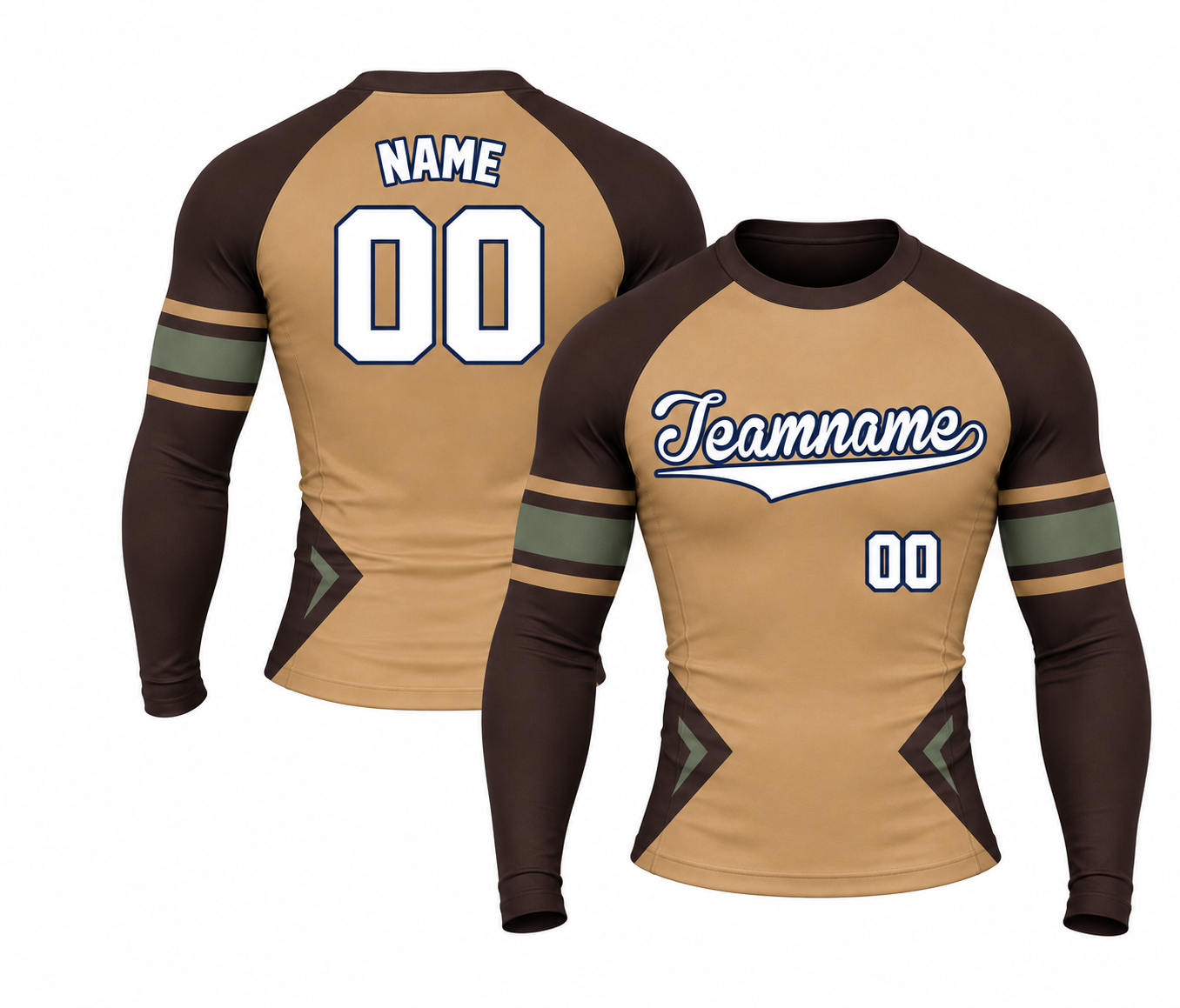 [codex-image5:225:a579c6e4f919] Teamname / NAME 00 customization preview for Sandstone Espresso Sage Throwback Raglan Side Block Orange Customizable Long Sleeve Compression Shirt