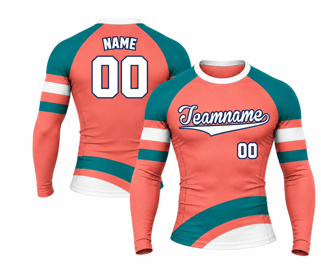 [codex-image5:228:91ed4025ff3f] Teamname / NAME 00 customization preview for Salmon Lower Arc Rails Red Customizable Long Sleeve Compression Shirt