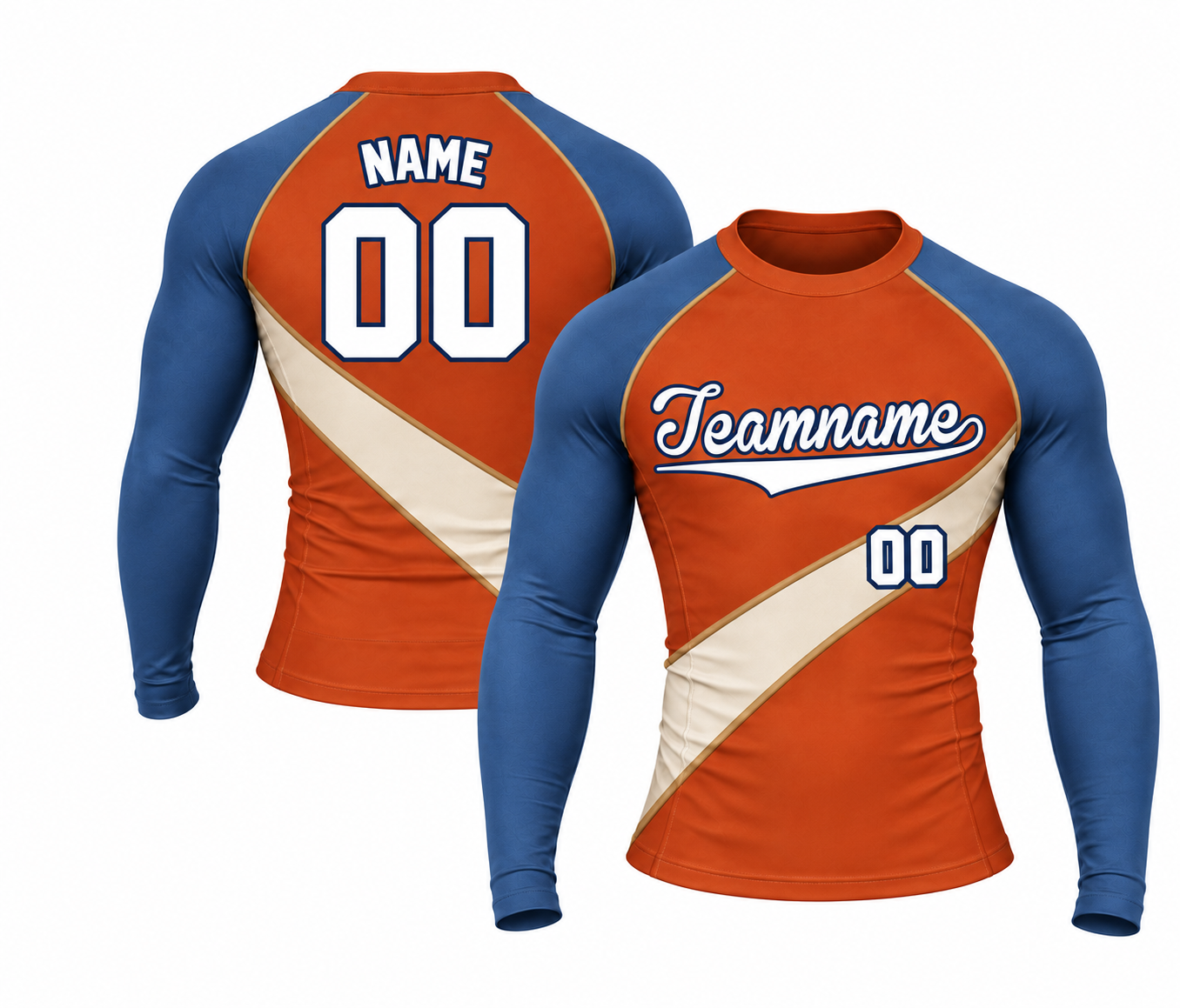 [codex-image5:232:948ae812b87d] Teamname / NAME 00 customization preview for Denim Pennant Flow Orange Customizable Long Sleeve Compression Shirt