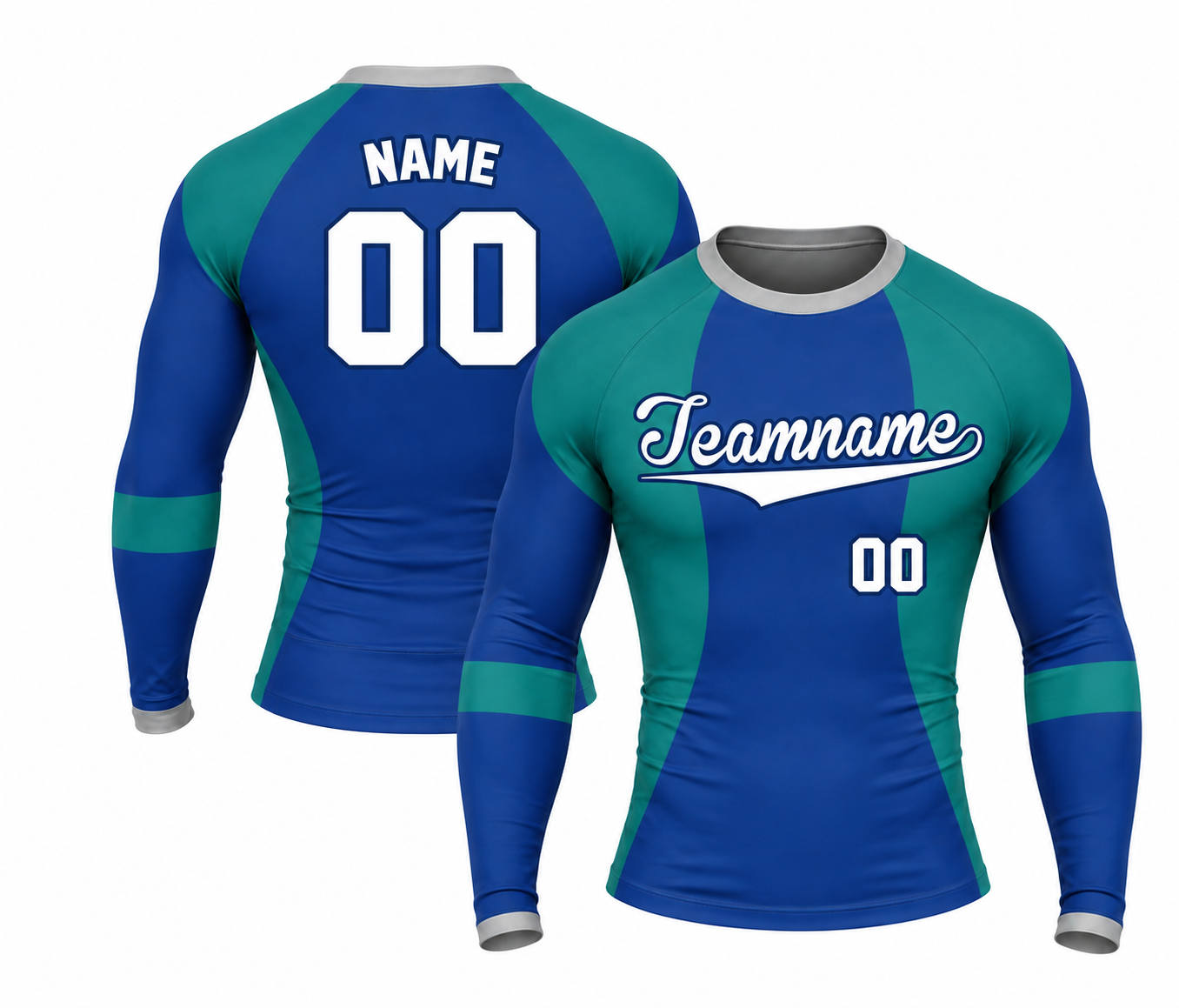 [codex-image5:234:3ffe97510343] Teamname / NAME 00 customization preview for Symmetric Blue Customizable Long Sleeve Compression Shirt