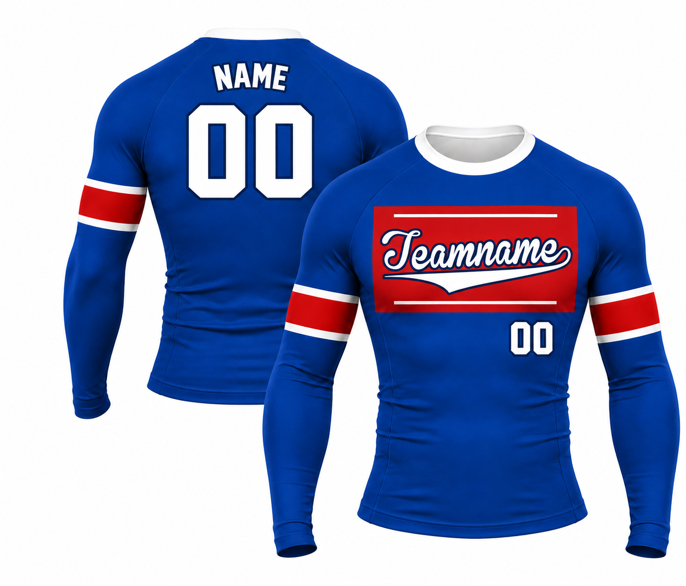 [codex-image5:237:568925162c67] Teamname / NAME 00 customization preview for Pearl Chest Slab Blue Customizable Long Sleeve Compression Shirt