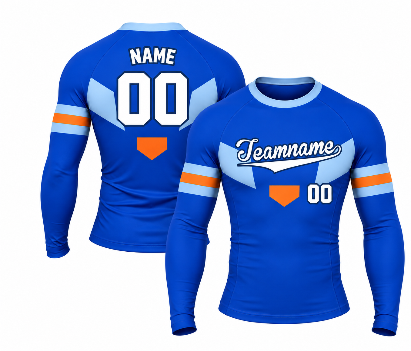 [codex-image5:241:9526deafb237] Teamname / NAME 00 customization preview for Sky Baseline Wing Crest Royal Blue Customizable Long Sleeve Compression Shirt