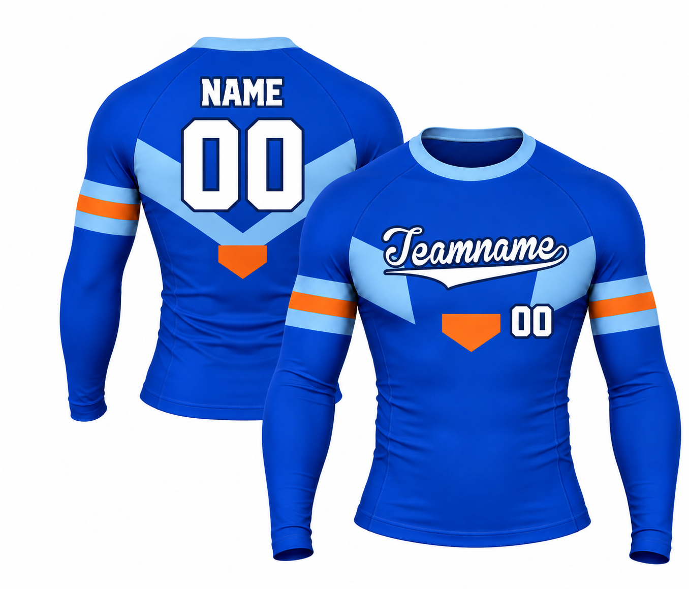 [codex-image5:242:f2e5f1914537] Teamname / NAME 00 customization preview for Sky Baseline Wing Crest Alternate Royal Blue Customizable Long Sleeve Compression Shirt