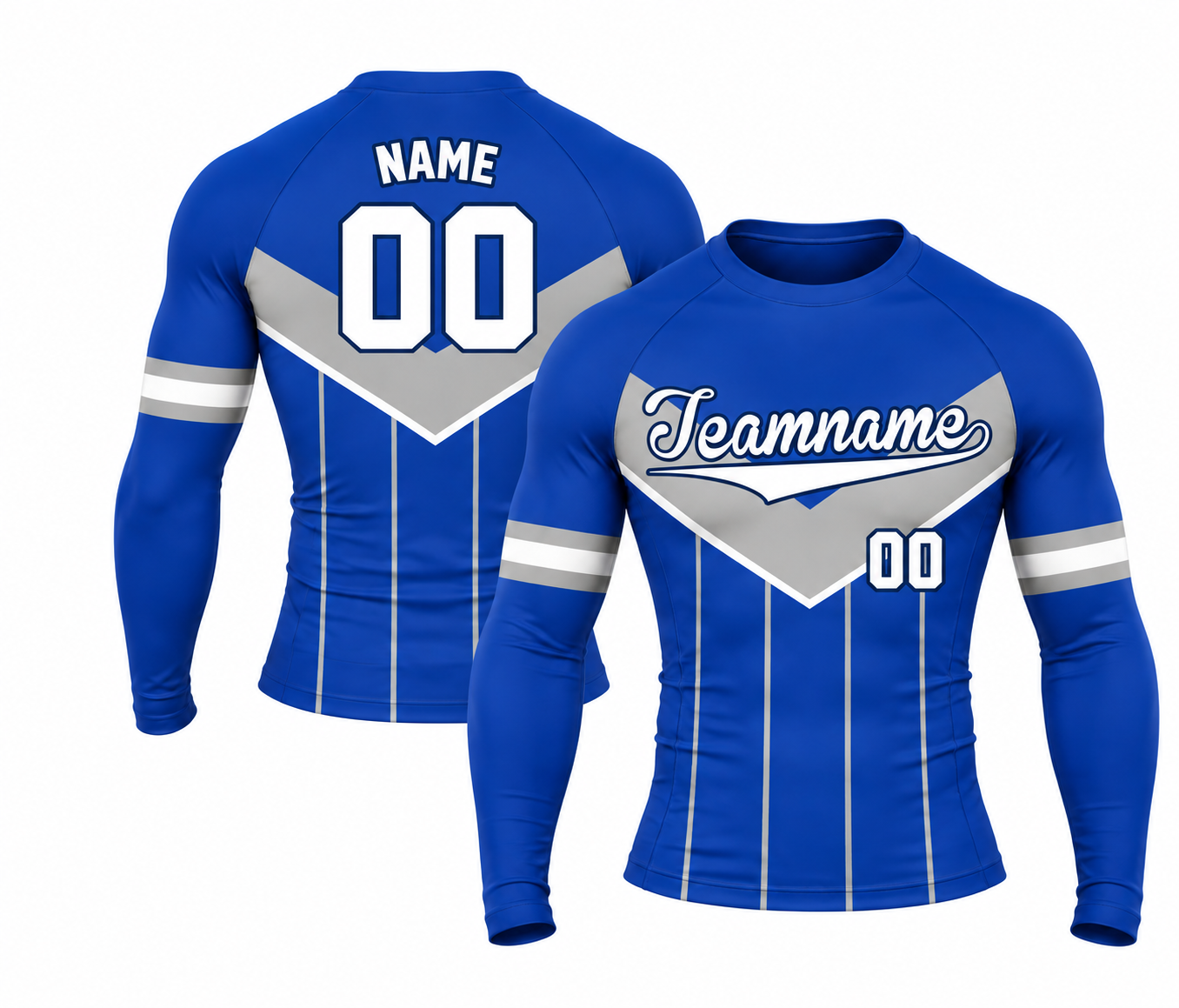 [codex-image5:243:820d45c53f75] Teamname / NAME 00 customization preview for Velocity Chevron Royal Blue Customizable Long Sleeve Compression Shirt