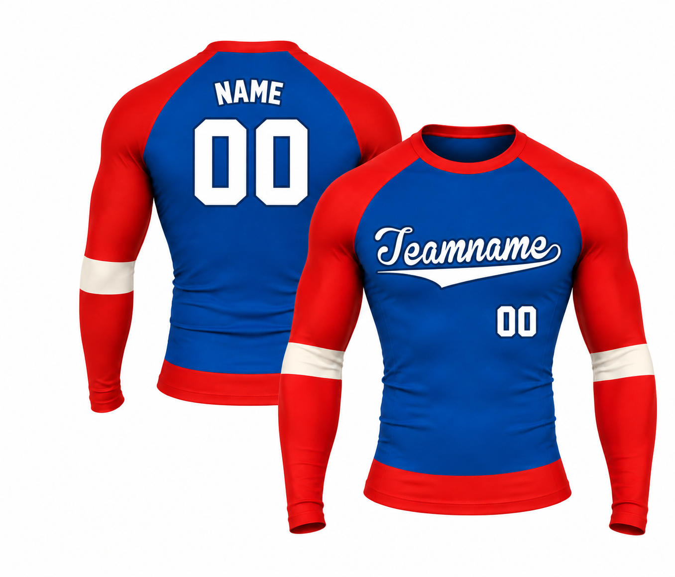 [codex-image5:245:780961656d28] Teamname / NAME 00 customization preview for Raglan Royal Blue Customizable Long Sleeve Compression Shirt