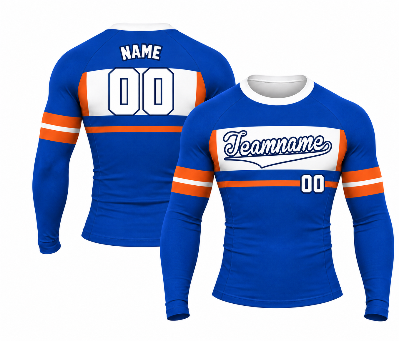 [codex-image5:247:7c043a368da8] Teamname / NAME 00 customization preview for Basepath Bridge Band Alternate Royal Blue Customizable Long Sleeve Compression Shirt