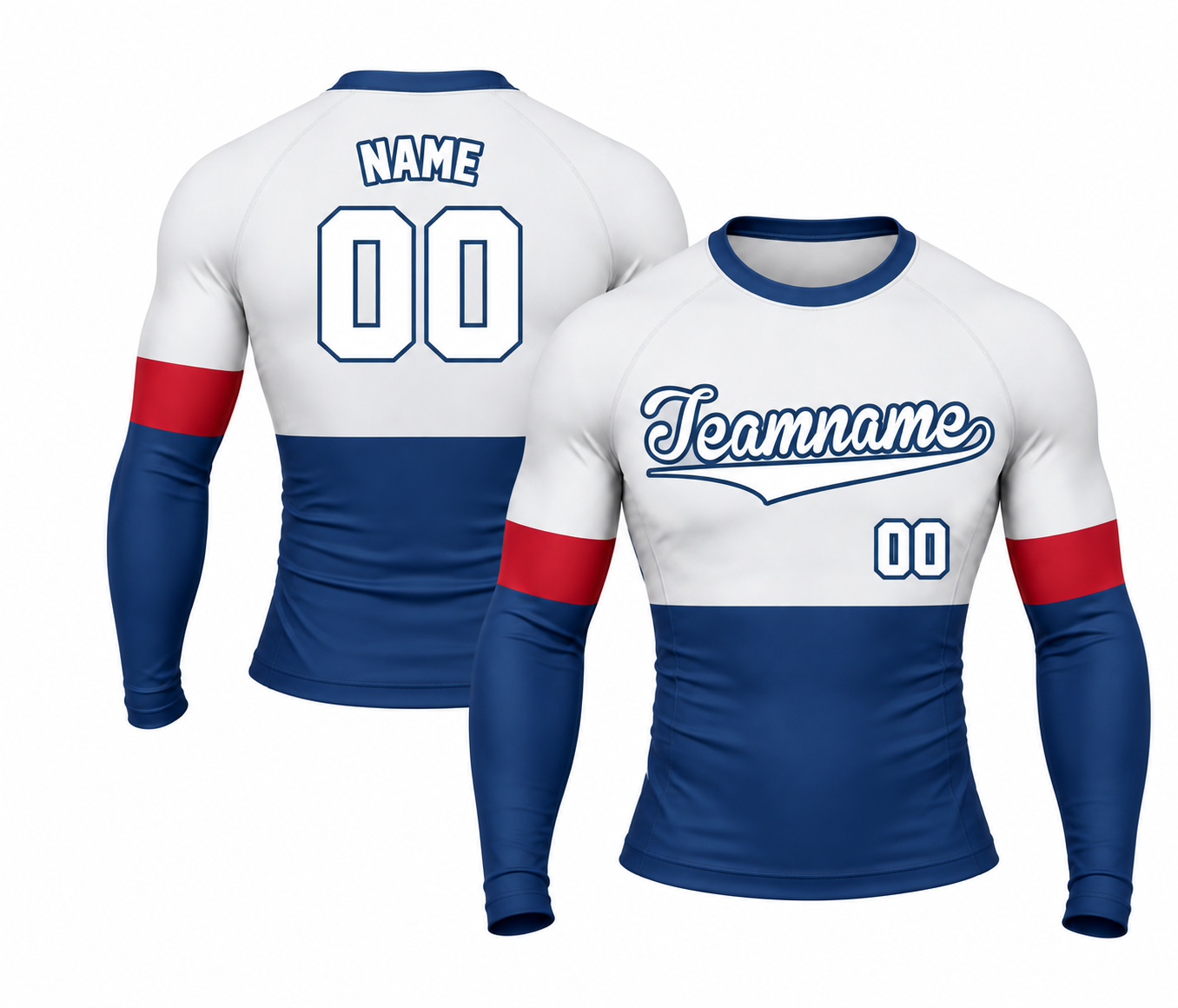 [codex-image5:255:2af75bde51a8] Teamname / NAME 00 customization preview for Reef Fielded Navy Customizable Long Sleeve Compression Shirt