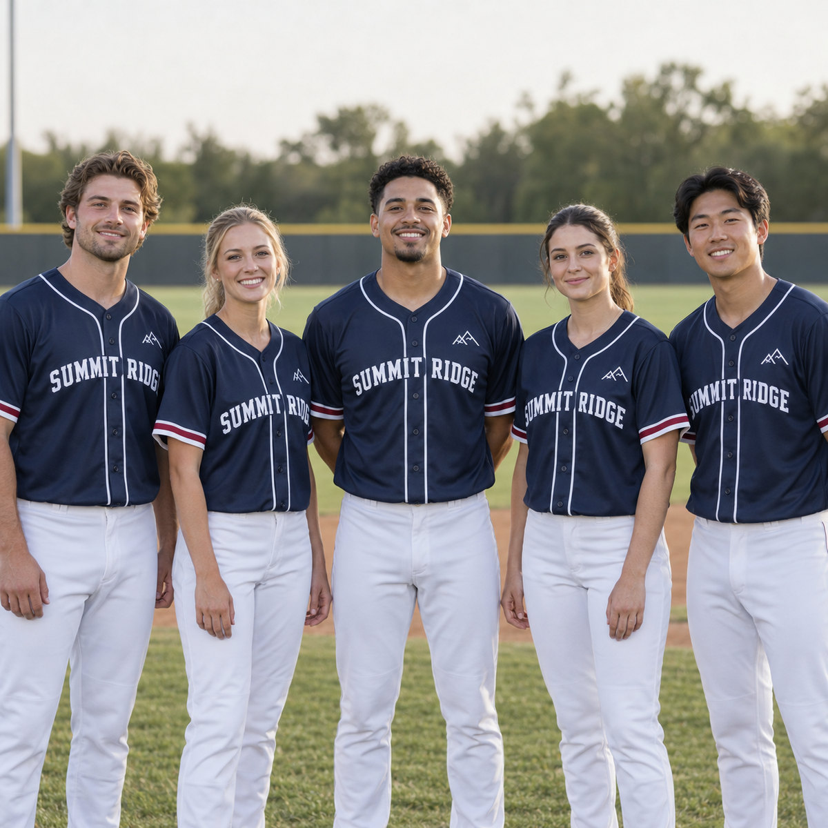 Five teammates wearing matching navy SUMMIT RIDGE jerseys on a baseball field
