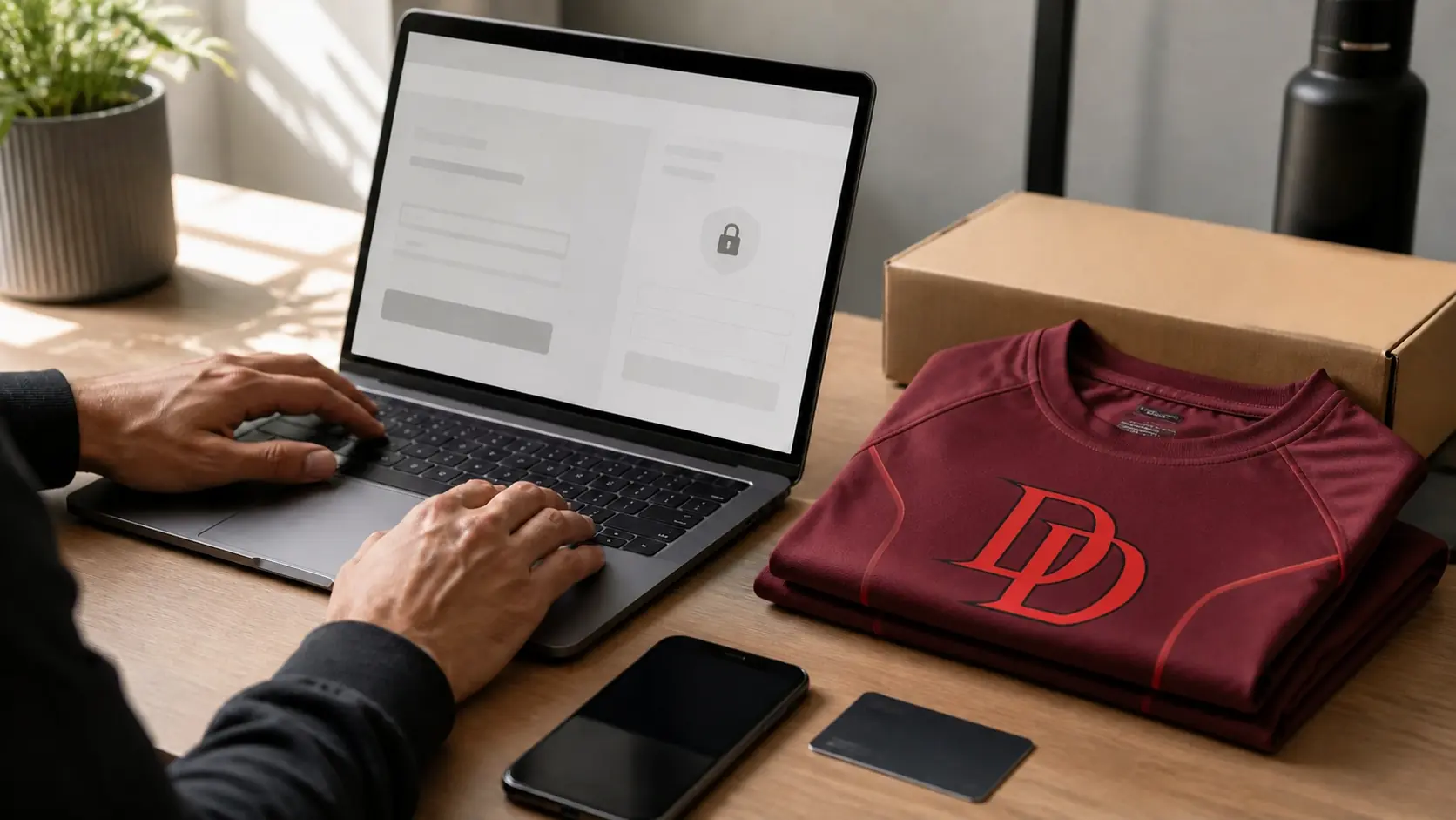 Secure online checkout beside a packed compression shirt order