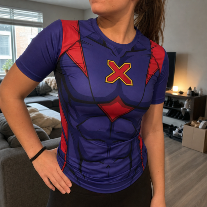 Kurt Wagner X Men Nightcrawler Superhero Bio-Organic Dynamic Stripes Blue And Red Short Sleeve Compression Shirt