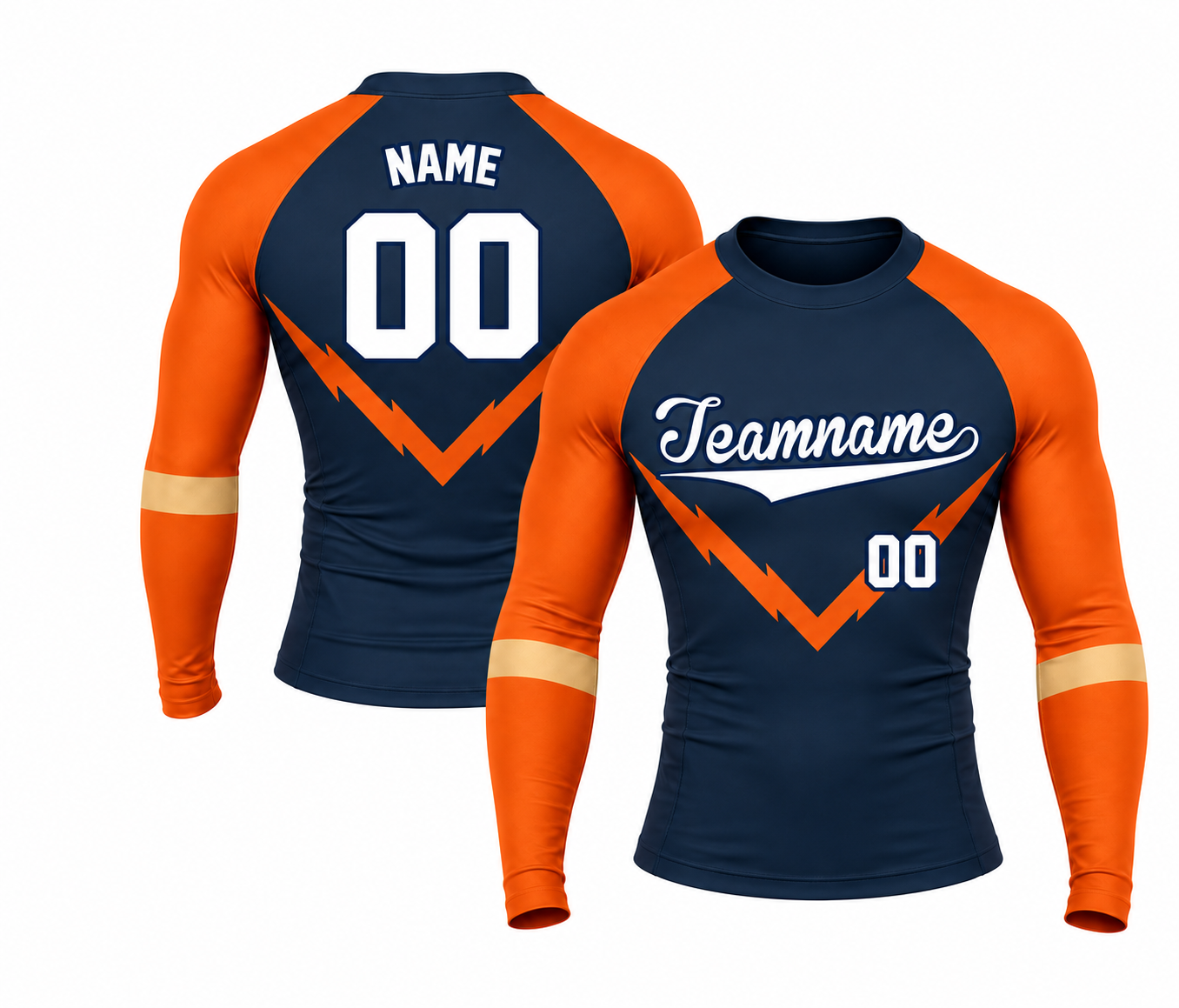 [codex-image5:317:fba68a7c3d13] Teamname / NAME 00 customization preview for Lightning Chevron Navy Customizable Long Sleeve Compression Shirt