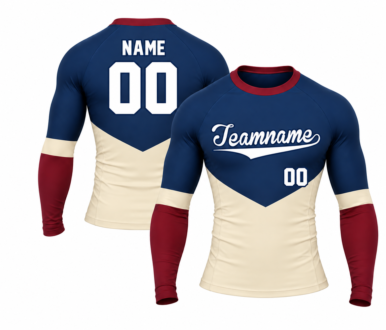 [codex-image5:318:431a08565ca0] Teamname / NAME 00 customization preview for Chevron Colorblock Navy Customizable Long Sleeve Compression Shirt