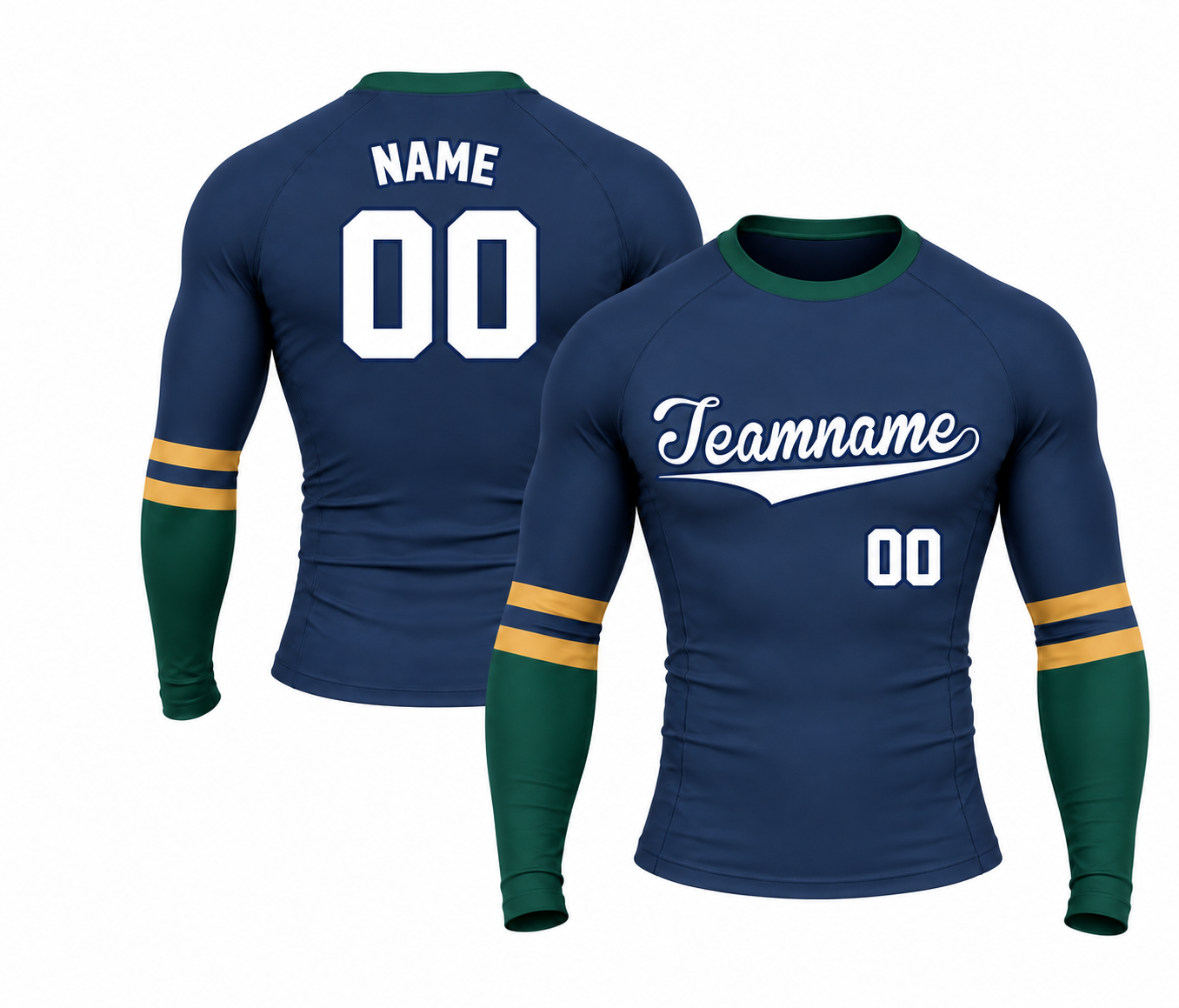 [codex-image5:320:01c467ae186a] Teamname / NAME 00 customization preview for Double Stripe Navy Primary Teal Accent Customizable Long Sleeve Compression Shirt