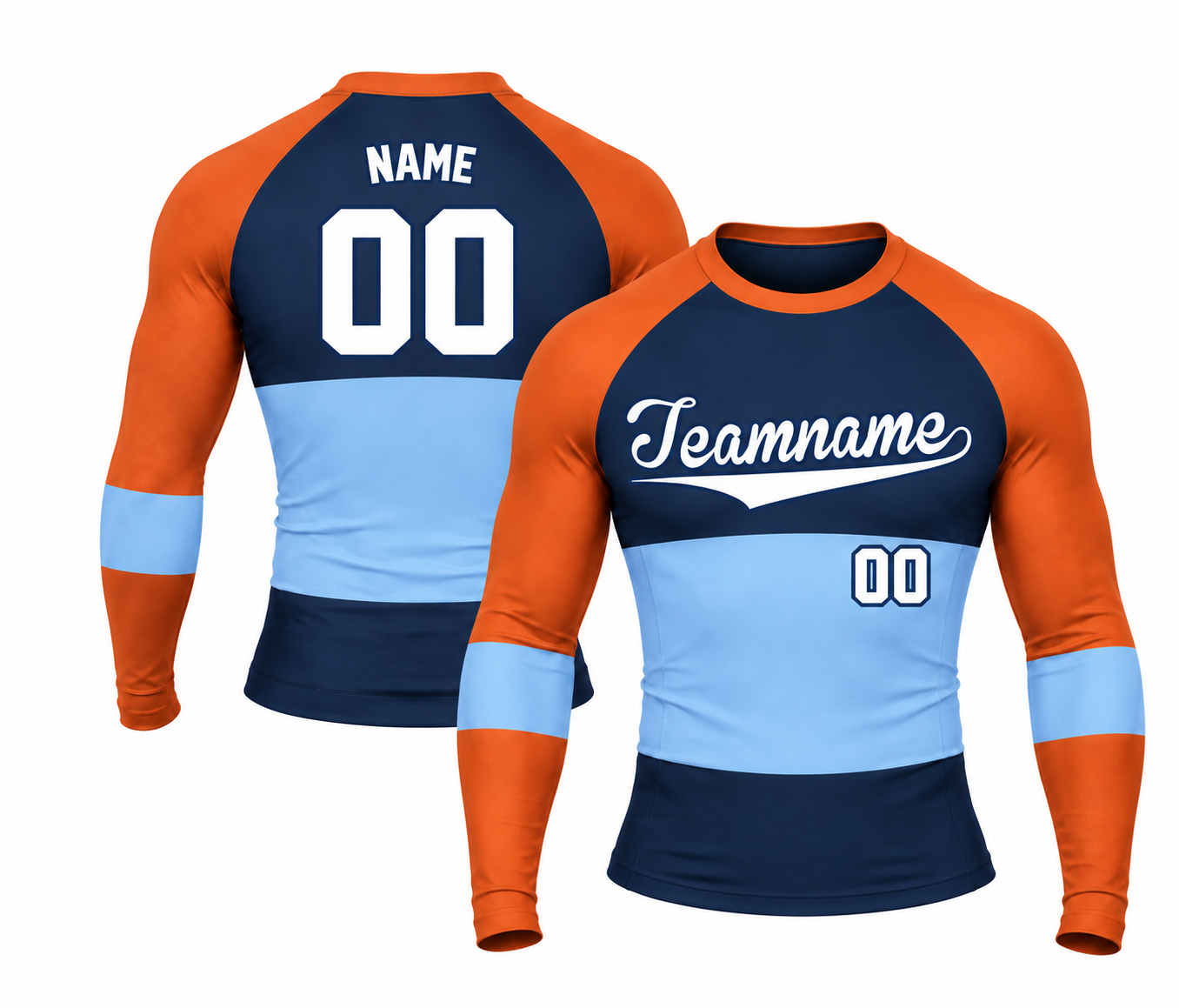 [codex-image5:322:a1b7dd39db56] Teamname / NAME 00 customization preview for Horizontal Colorblock Navy Primary Orange Accent Customizable Long Sleeve Compression Shirt