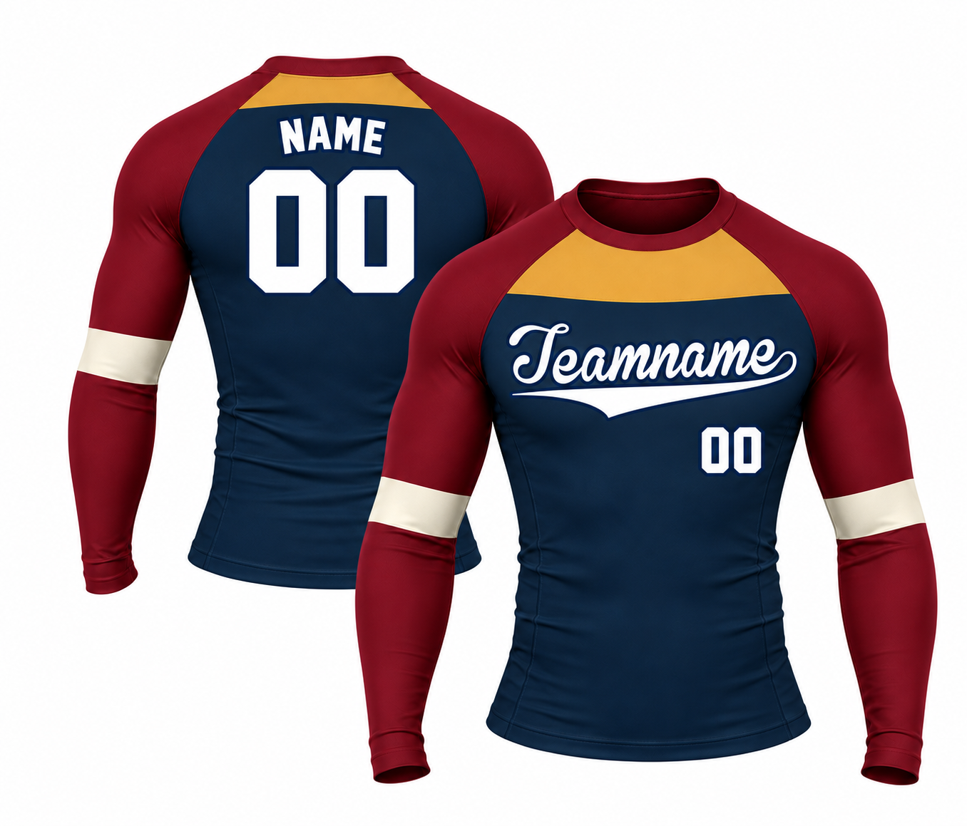 [codex-image5:323:172dfe860a1a] Teamname / NAME 00 customization preview for Raglan Chest Panel Navy Customizable Long Sleeve Compression Shirt