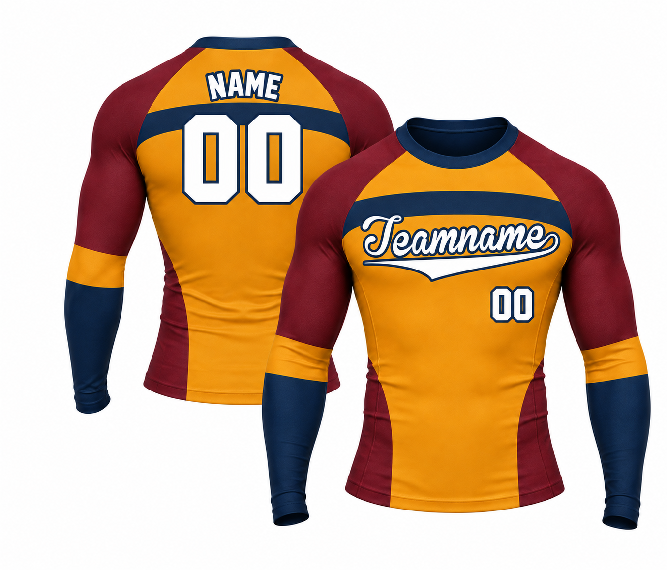 [codex-image5:324:636dc0bb93a2] Teamname / NAME 00 customization preview for Shoulder Cap Bridge Orange Primary Burgundy Navy Accents Beta Edition Customizable Long Sleeve Compression Shirt