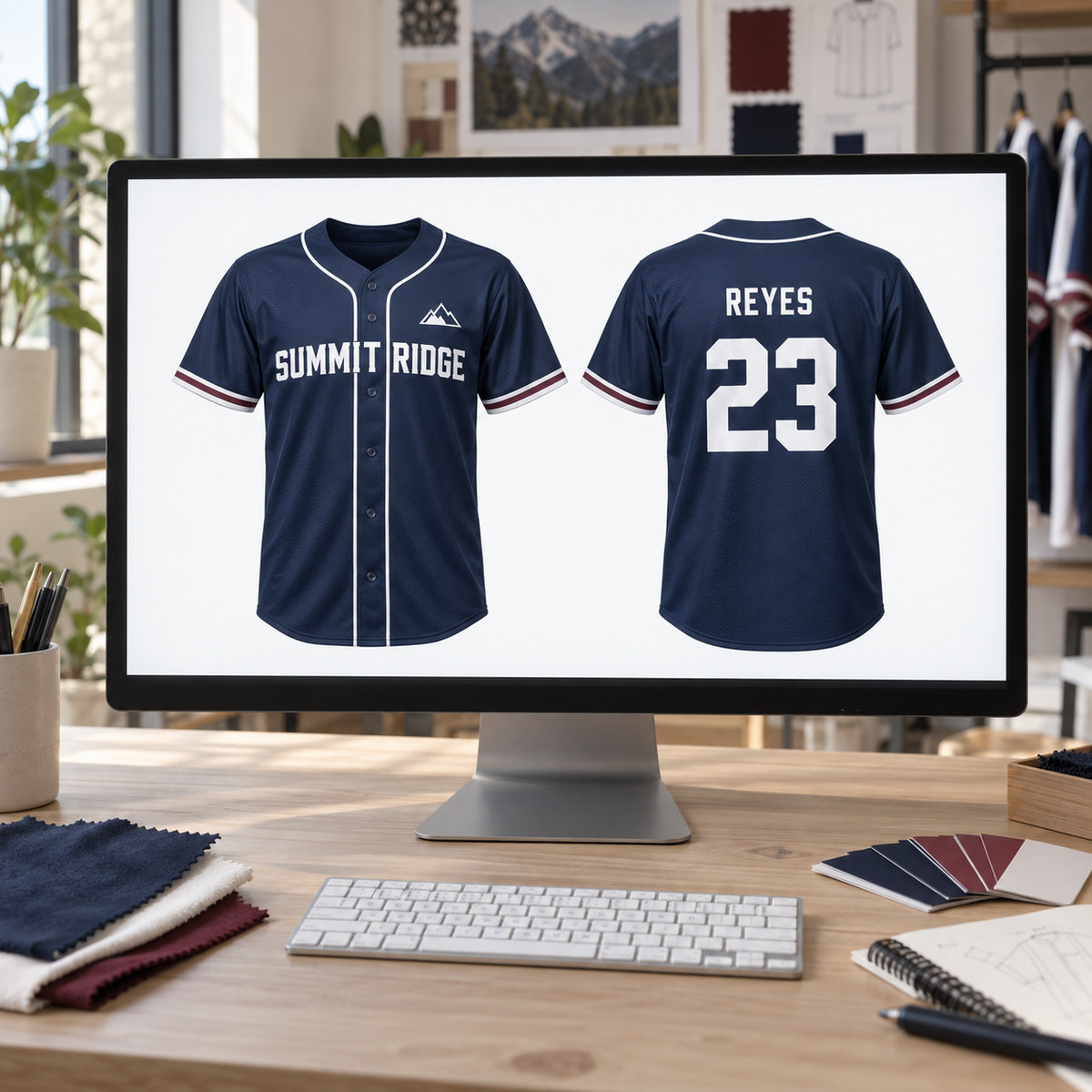 Front and back SUMMIT RIDGE jersey mockups with REYES 23