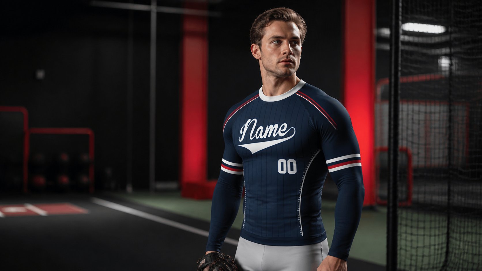 Athlete wearing the navy and red customizable long sleeve compression shirt in a training space