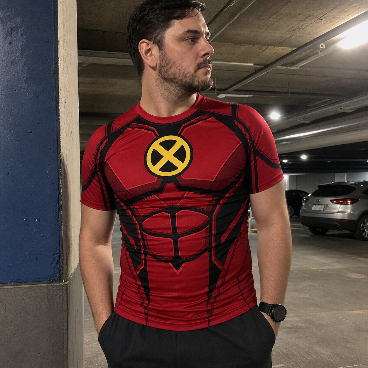 Kurt Wagner X Men Nightcrawler Superhero Mecha Core Hexagonal Mesh Red And Black Short Sleeve Compression Shirt
