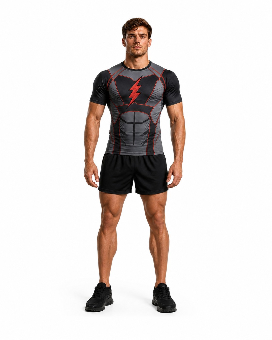 Model wearing a short sleeve compression shirt