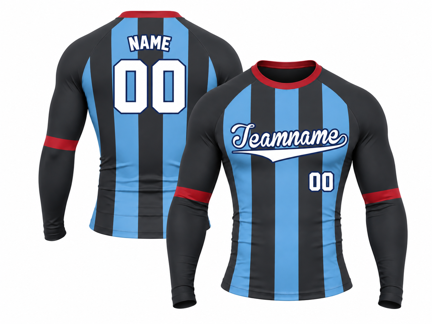 [codex-image5:472:738399799c43] Teamname / NAME 00 customization preview for Sky Offset Charcoal Customizable Long Sleeve Compression Shirt