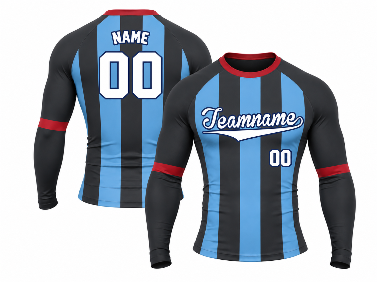[codex-image5:472:738399799c43] Teamname / NAME 00 customization preview for Sky Offset Charcoal Customizable Long Sleeve Compression Shirt