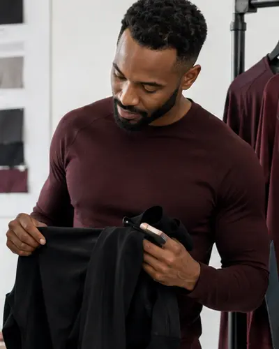Quality and product review specialist inspecting a burgundy top