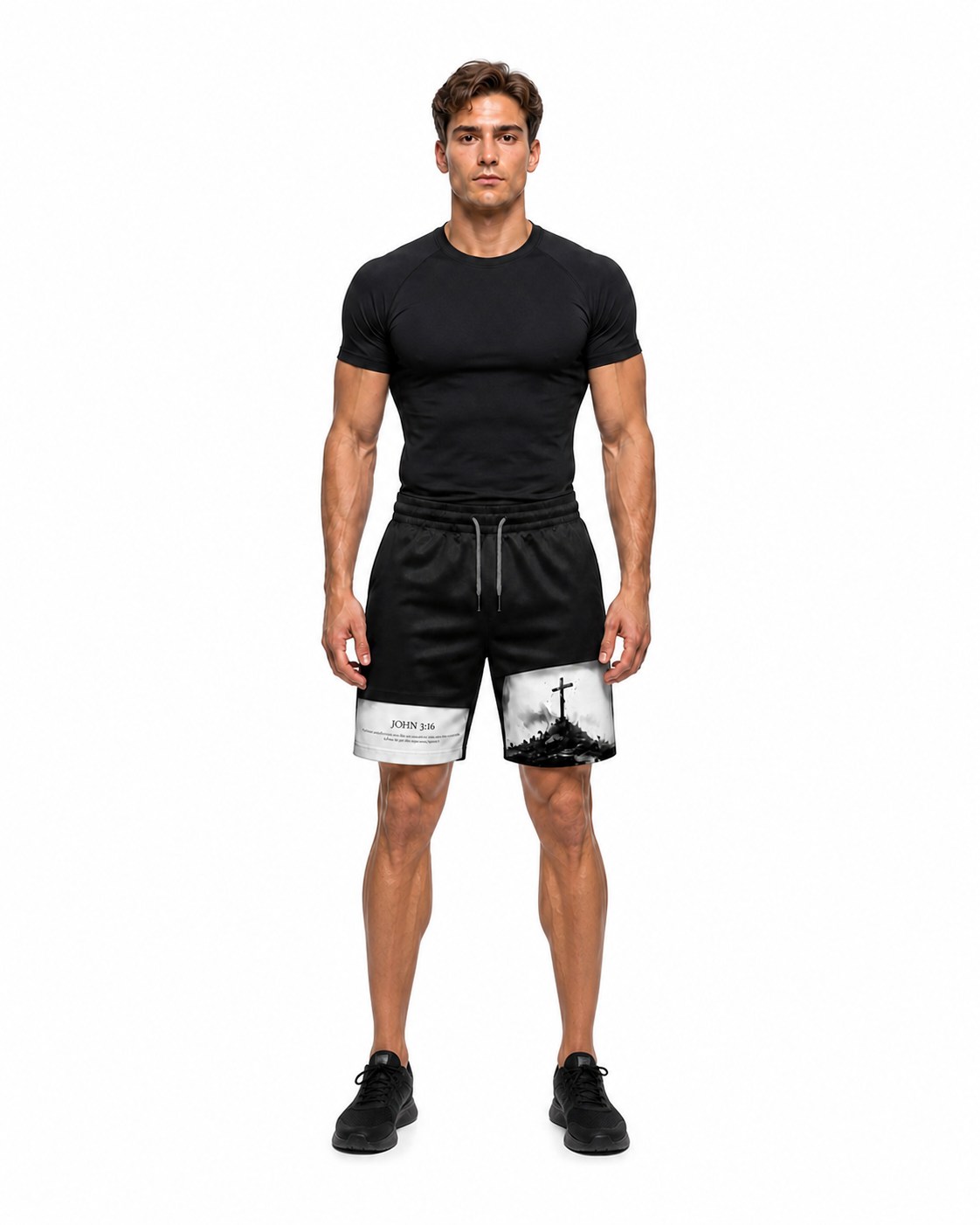 Graphic gym shorts with black compression top
