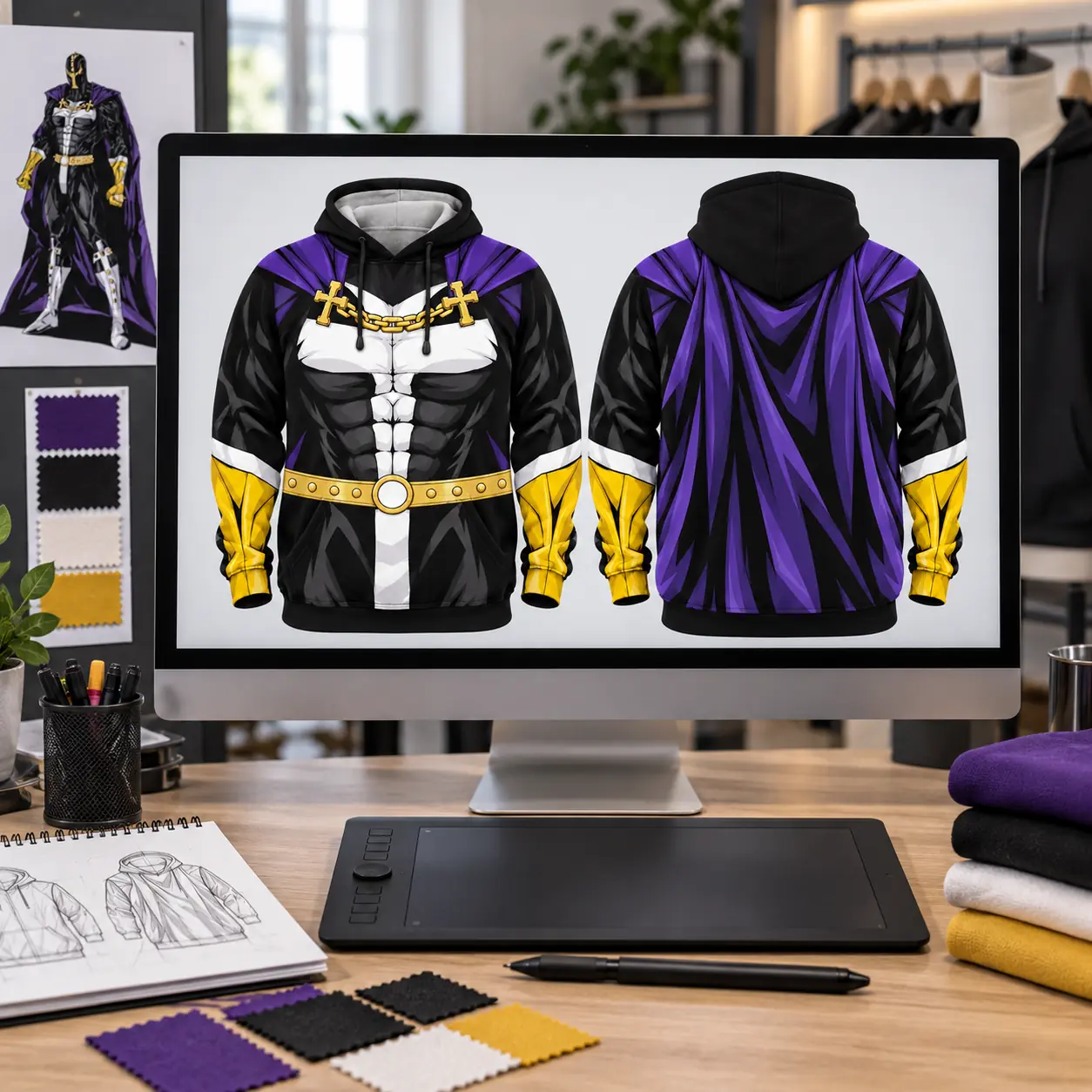 Front and back custom hoodie mockup shown on a designer's monitor