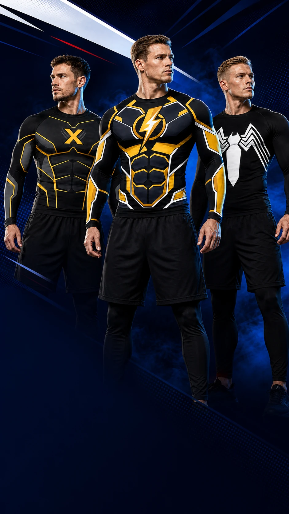 Three models wearing store compression shirts