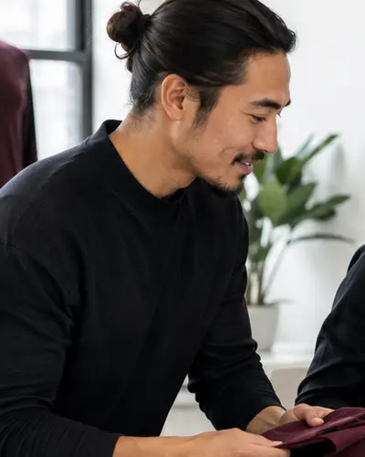 Product and fit specialist examining burgundy fabric