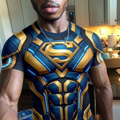 Robert Reynolds Sentry Superhero Tactical Vanguard Symmetrical Grid Blue Black Short Sleeve Compression Shirt