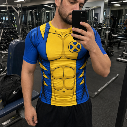 Logan x men Wolverine Superhero Titan Forge Chevron Patterns Blue And Yellow Short Sleeve Compression Shirt