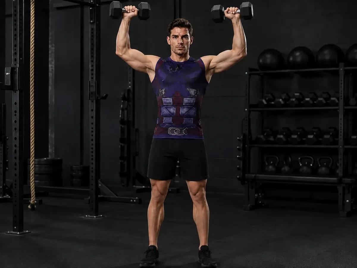 Athlete lifting dumbbells in a purple sleeveless compression top