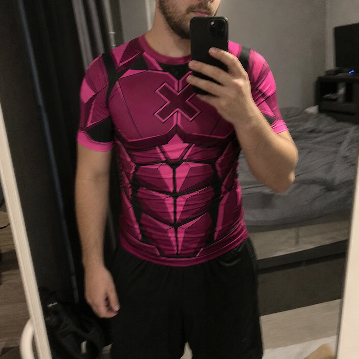 Remy LeBeau X Men gambit Superhero Nano-Tech Armor Concentric Ripples Pink And Black Short Sleeve Compression Shirt