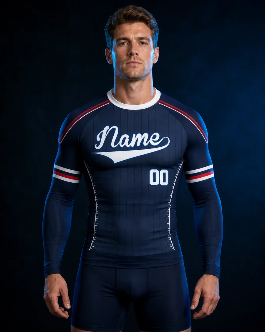 Model wearing the custom navy and red long sleeve compression shirt