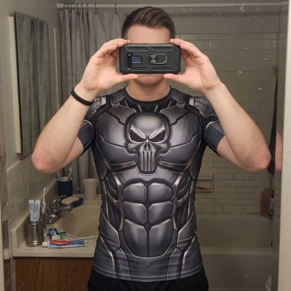 Frank Castle Punisher Superhero Tactical Vanguard Symmetrical Grid Black Gold Short Sleeve Compression Shirt