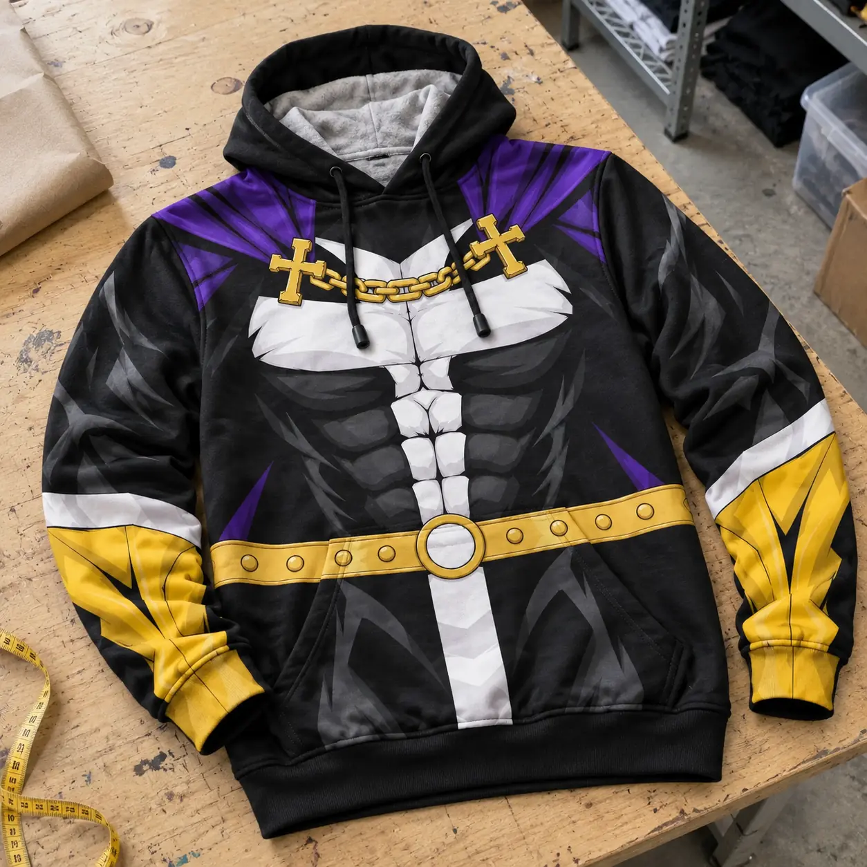 Custom purple, black, white and gold hoodie displayed on a workshop table