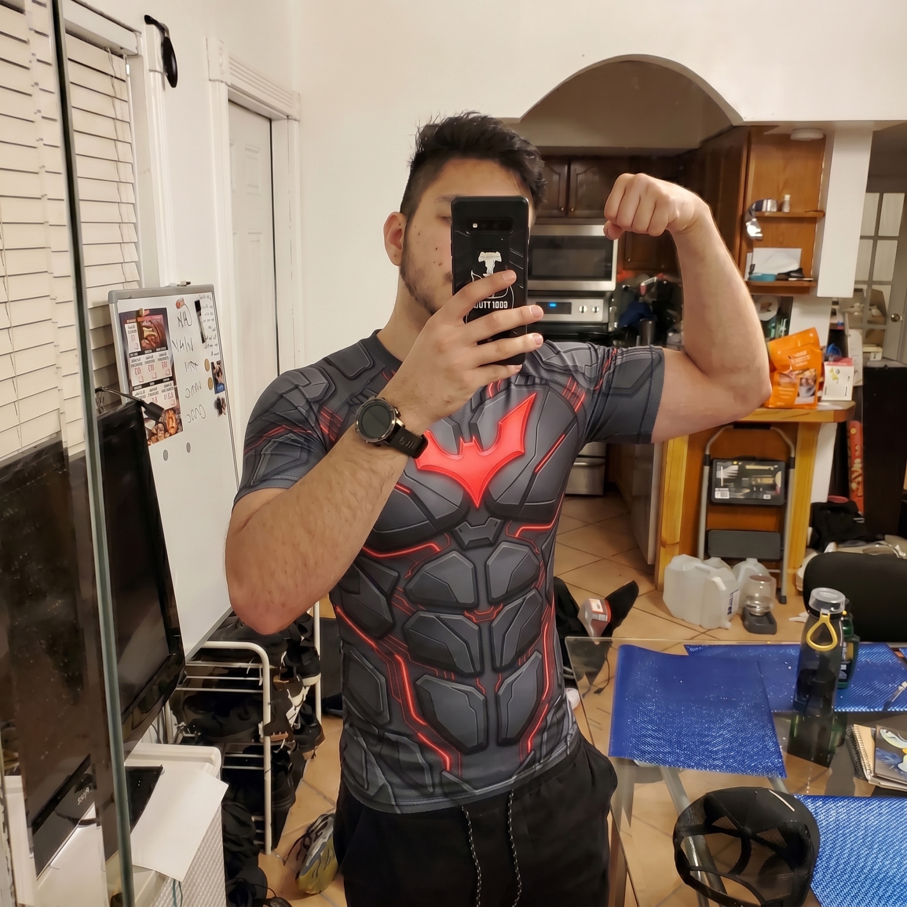 Terry McGinnis Batman Beyond Superhero Tactical Vanguard Symmetrical Grid Black Gold Short Sleeve Compression Shirt