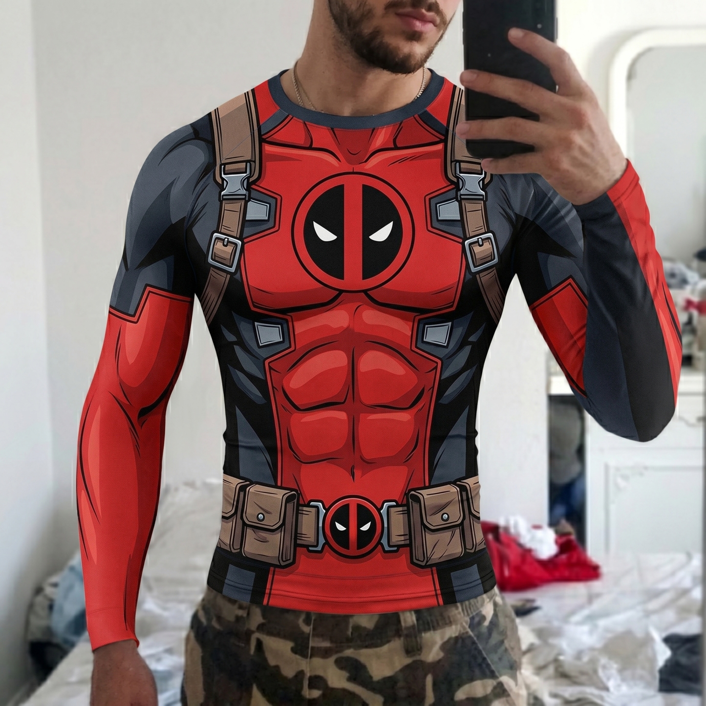 Wade Wilson deadpool Superhero Tactical Vanguard Utility Grid Red and Black Long Sleeve Compression Shirt