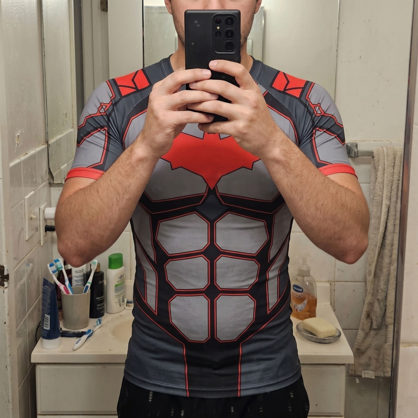Jason Todd Red Hood Superhero Apex Pulse Structured Blocks Black Navy Short Sleeve Compression Shirt