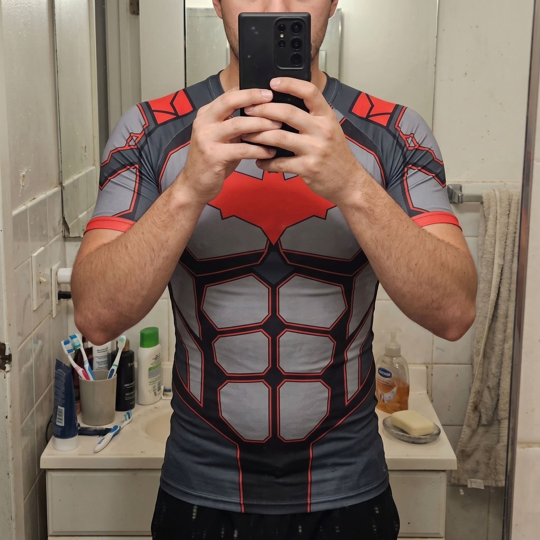 Jason Todd Red Hood Superhero Apex Pulse Structured Blocks Black Navy Short Sleeve Compression Shirt