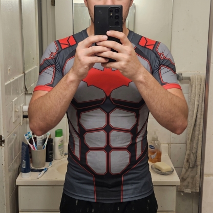 Jason Todd Red Hood Superhero Apex Pulse Structured Blocks Black Navy Short Sleeve Compression Shirt