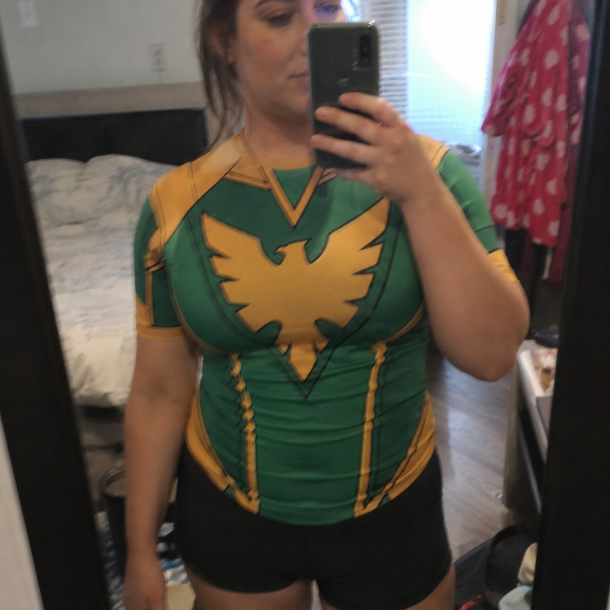 X Men Jean Grey Superhero Celestial Guard Asymmetrical Slashes Green And Gold Short Sleeve Compression Shirt