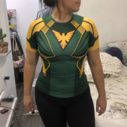 X Men Jean Grey Superhero Phantom Wraith Geometric Lines Green And Gold Short Sleeve Compression Shirt