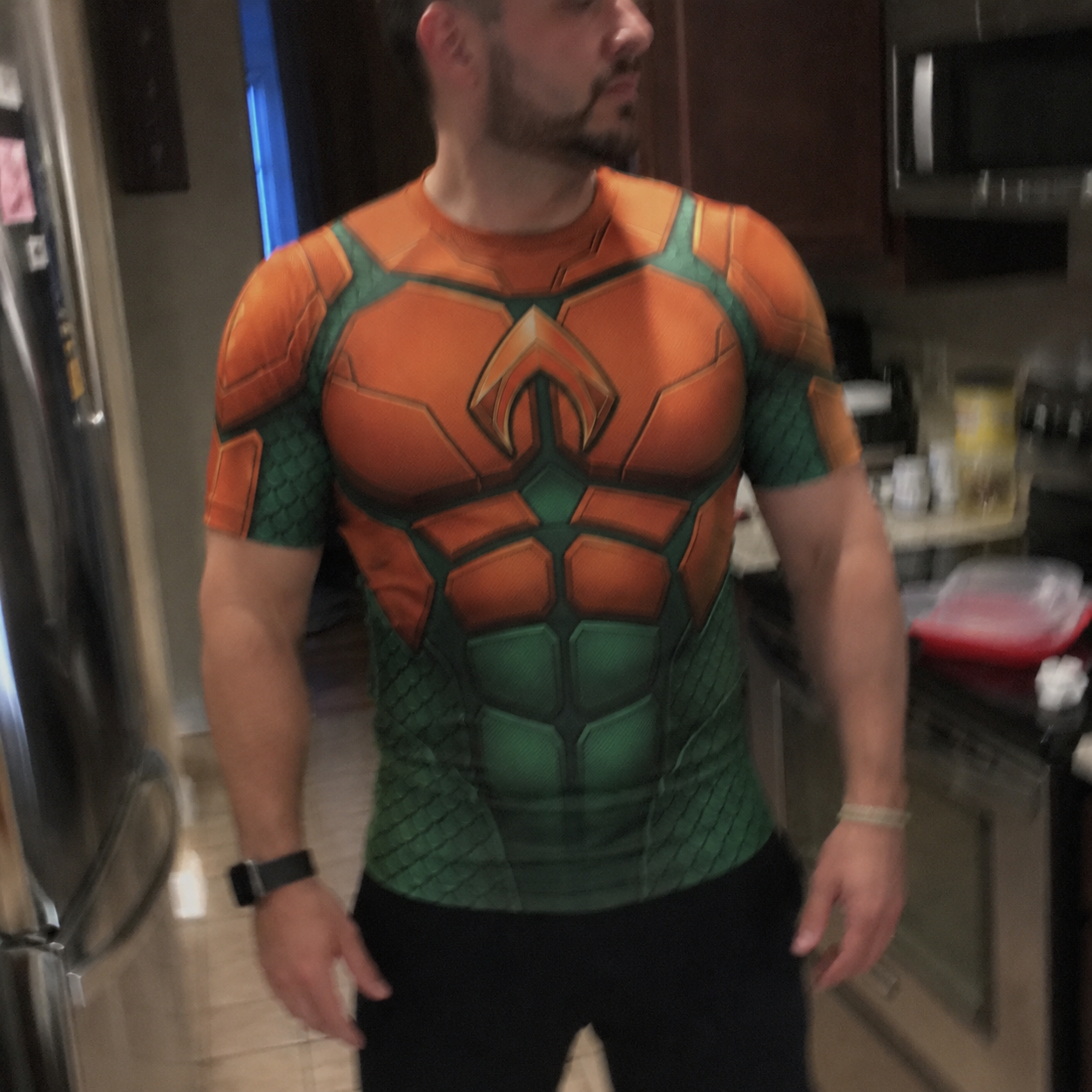 Arthur Curry Aquaman Superhero Urban Ninja Geometric Lines Navy Black Short Sleeve Compression Shirt