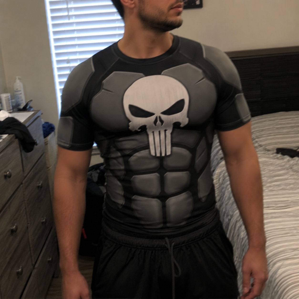 Frank Castle Punisher Superhero Urban Ninja Geometric Lines Navy Black Short Sleeve Compression Shirt