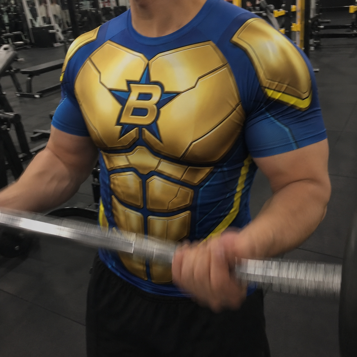 Michael Carter Booster Gold Superhero Mecha Core Precision Curves Purple Black Short Sleeve Compression Shirt