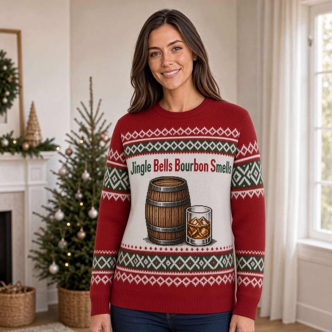 [popular-sweater:PX-01-01:female] Jingle Bells Bourbon Smells Ugly Christmas Sweatshirt - Female view