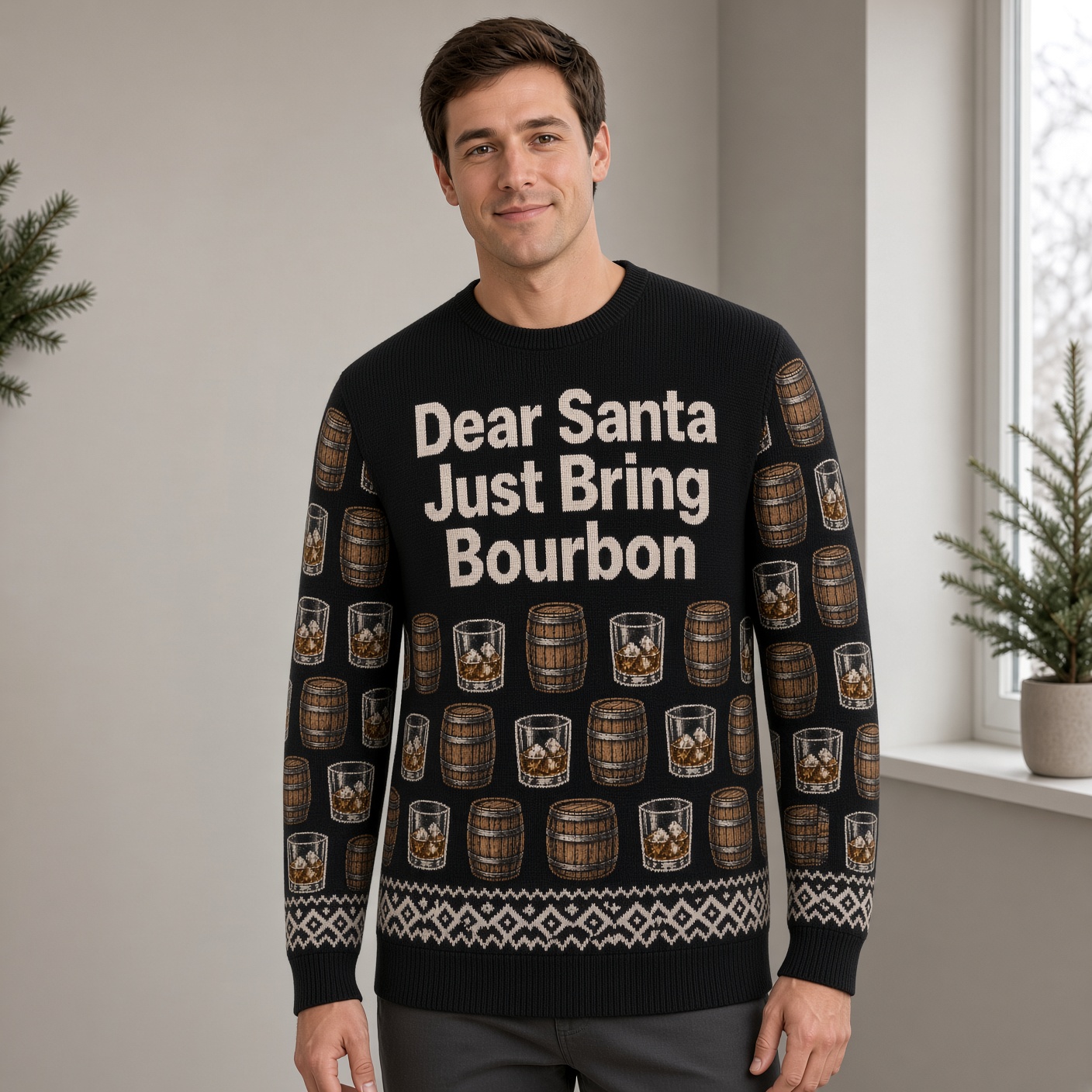 [popular-sweater:PX-01-02:male] Dear Santa Just Bring Bourbon Ugly Christmas Sweatshirt - Male view